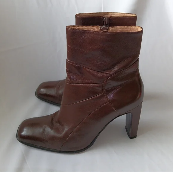 3.5" Heels Brown Real-Leather Ankle Zipper Boots - Picture 2 of 16